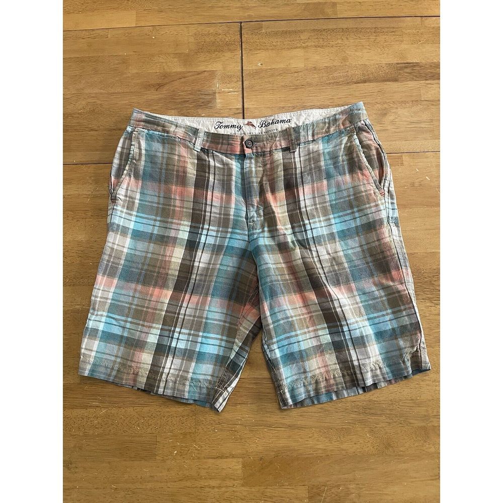 Tommy Bahama Mens Shorts 36 Linen Blend Plaid Summer‎ Preppy Casual